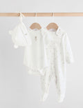 White baby sleepsuit, Bodysuit, Beanie and Bibs Set 4 pieces ( 0-9mths)