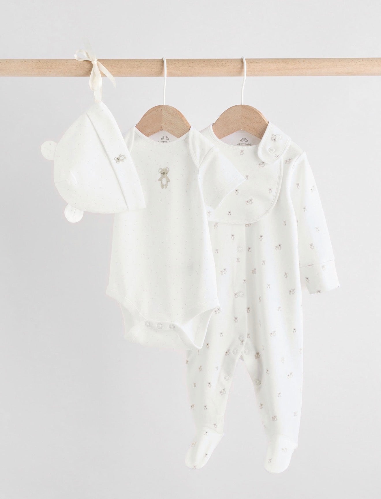 White baby sleepsuit, Bodysuit, Beanie and Bibs Set 4 pieces ( 0-9mths)
