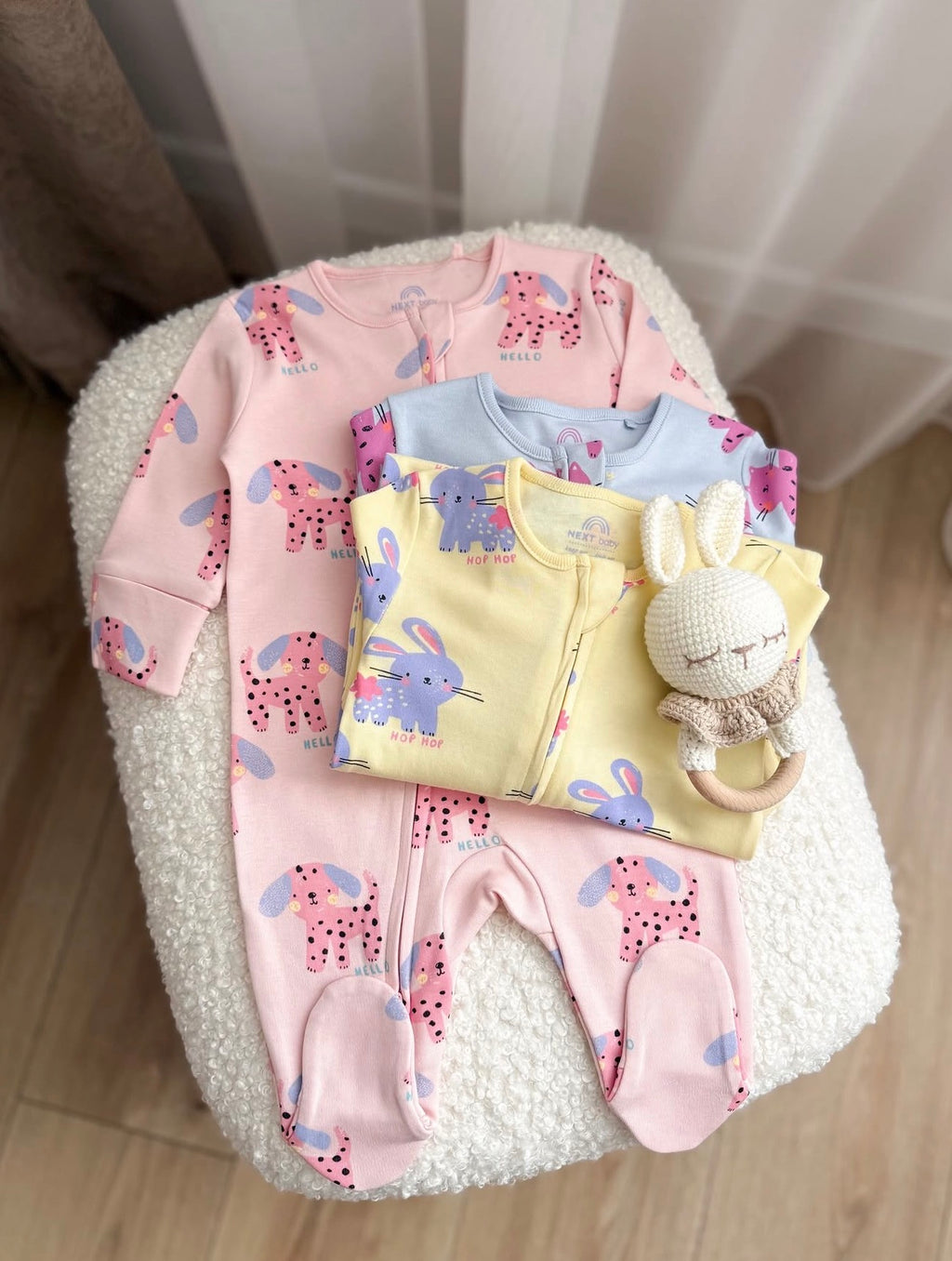 Pink / Yellow character Two Way Zip sleepsuits
