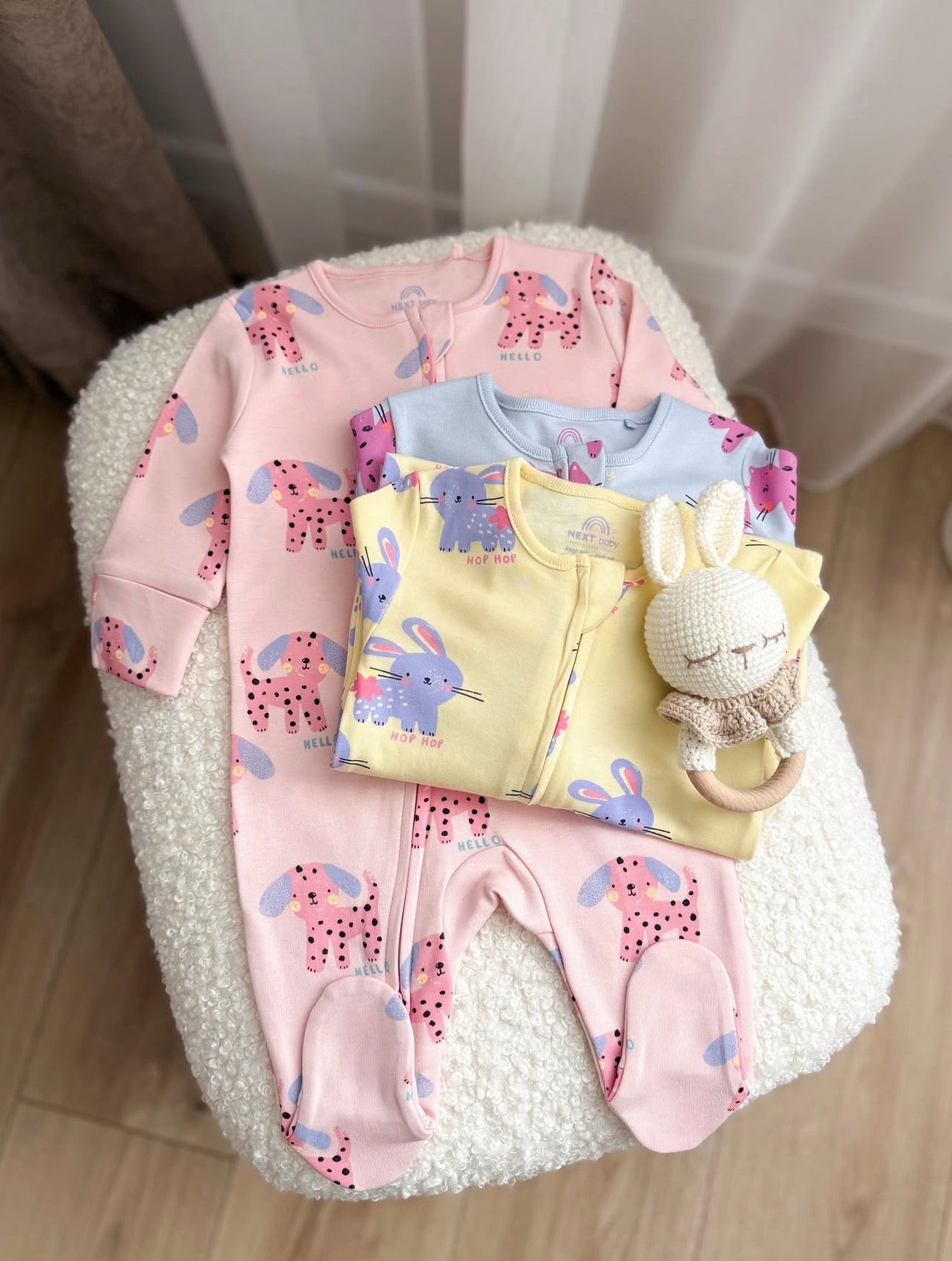 Pink / Yellow character Two Way Zip sleepsuits